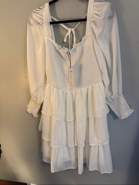 White Tiered Long-Sleeve Smocked Dress